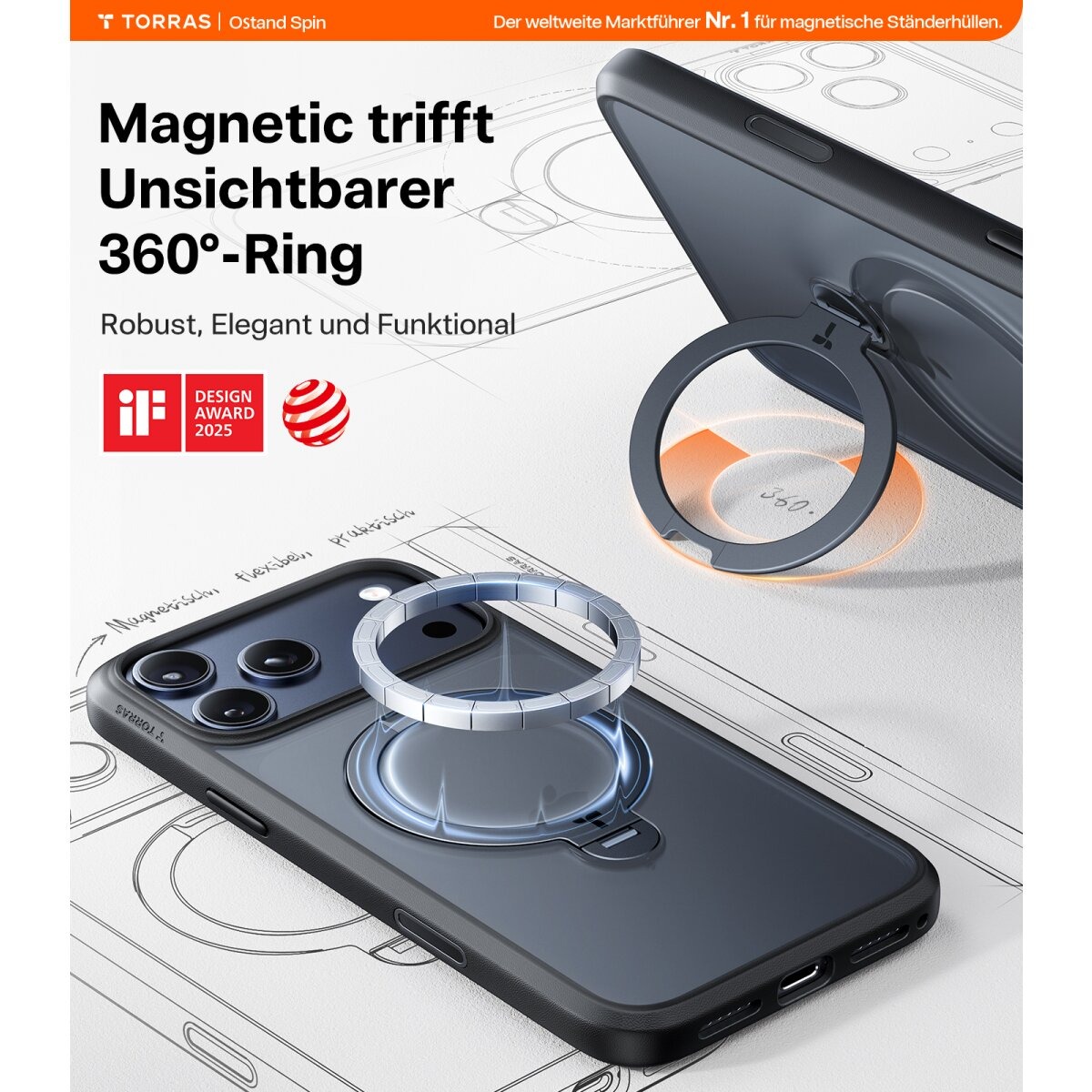 TORRAS Schutzhülle mit 360° Standring Schwarz für iPhone 17 Pro Max – Bild 6