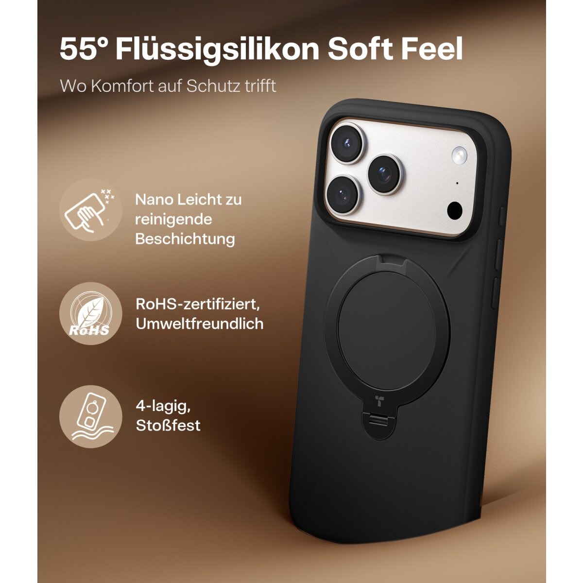 TORRAS Softune Schutzhülle mit 360° Standring Schwarz für iPhone 17 Pro Max – Bild 4