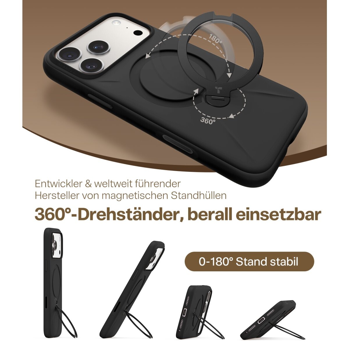 TORRAS Softune Schutzhülle mit 360° Standring Schwarz für iPhone 17 Pro Max – Bild 5